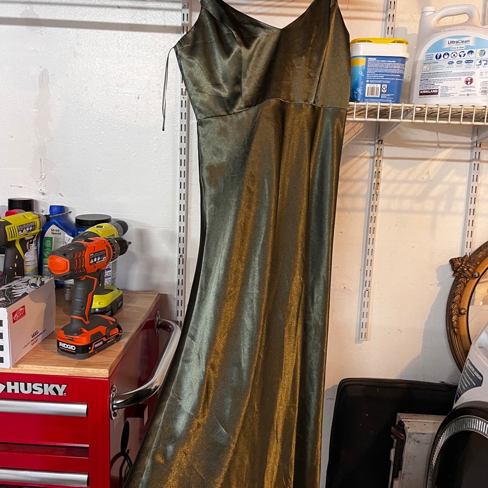 Birds Grey shiny satin Olive Green Bridesmaids dress - Picture 2 of 5